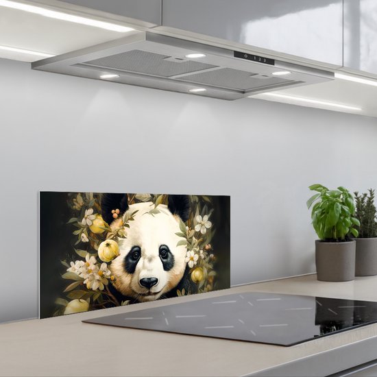Spatscherm 60x30 cm - Zelfklevende achterwand Panda - Pandabeer - Wilde dieren - Natuur - Bloemen - Keuken muurbeschermer - Spatwand fornuis
