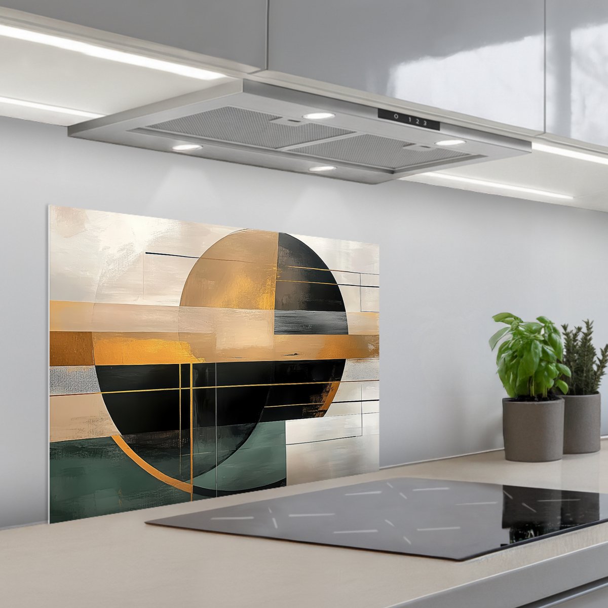 Spatscherm 70x50 cm - Zelfklevende achterwand Abstract - Goud - Brons - Groen - Vormen - Modern - Keuken muurbeschermer - Spatwand fornuis