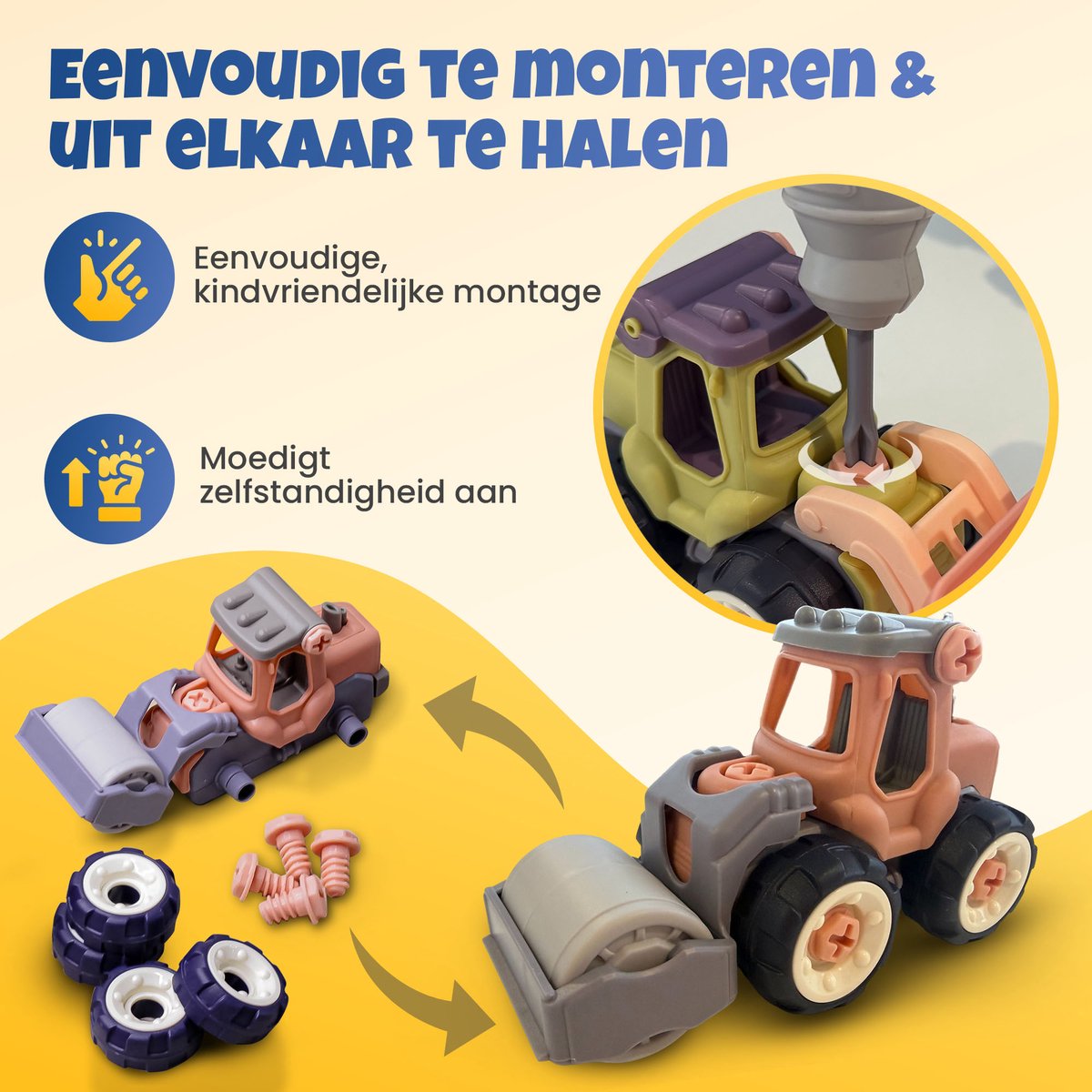Bitey Speelgoed – Werkvoertuigen (4-delig) - Zelf schroeven - Stimuleert motoriek en leren — afbeelding 3