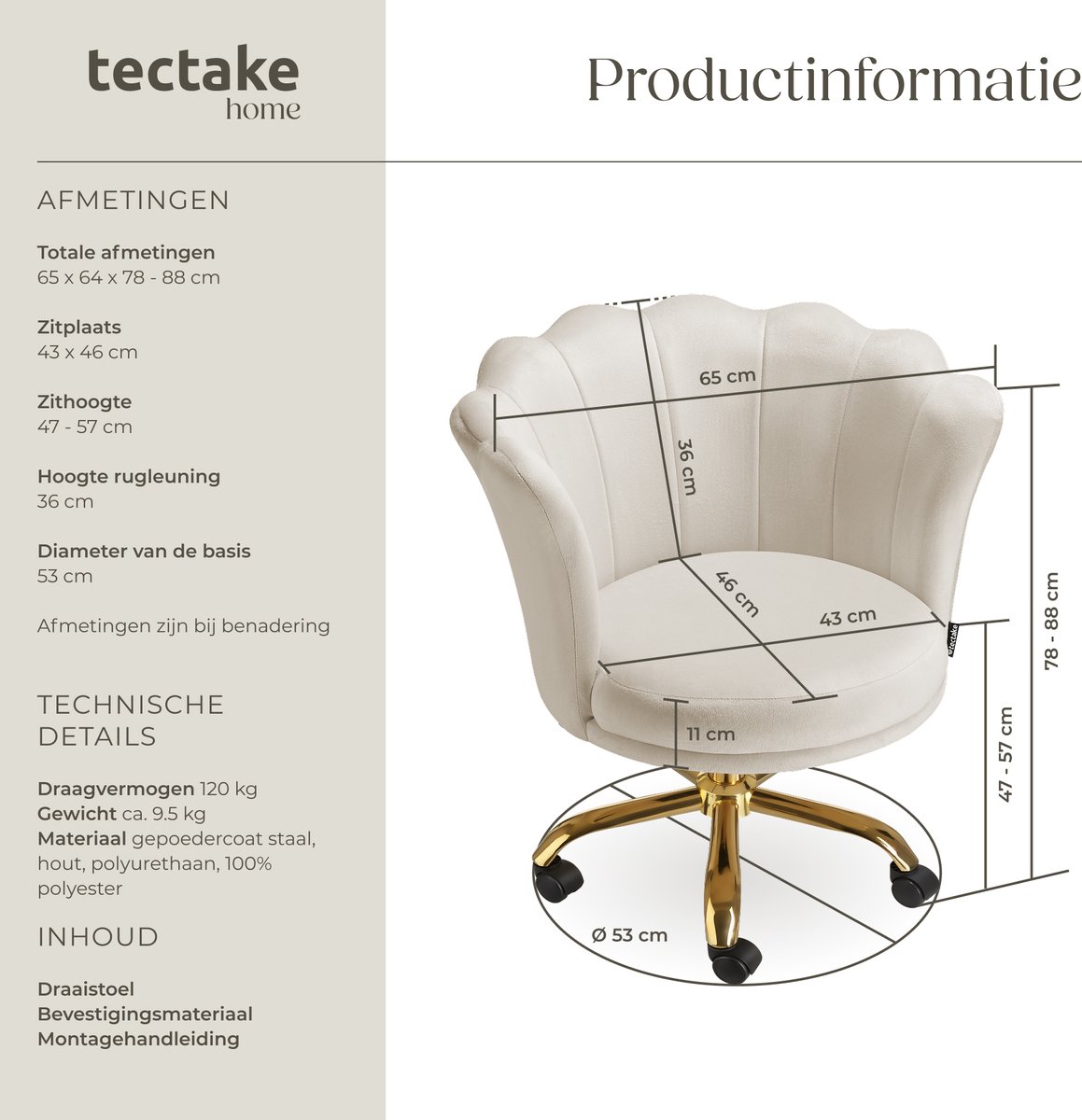 tectake® Bureaustoel - In hoogte verstelbaar draaifauteuil met fluwelen bekleding - Ergonomische schelpvorm - Stoel met wielen - Eetkamerstoel op wieltjes - 360° draaibaar - Bureau Stoel - Wit – foto 7
