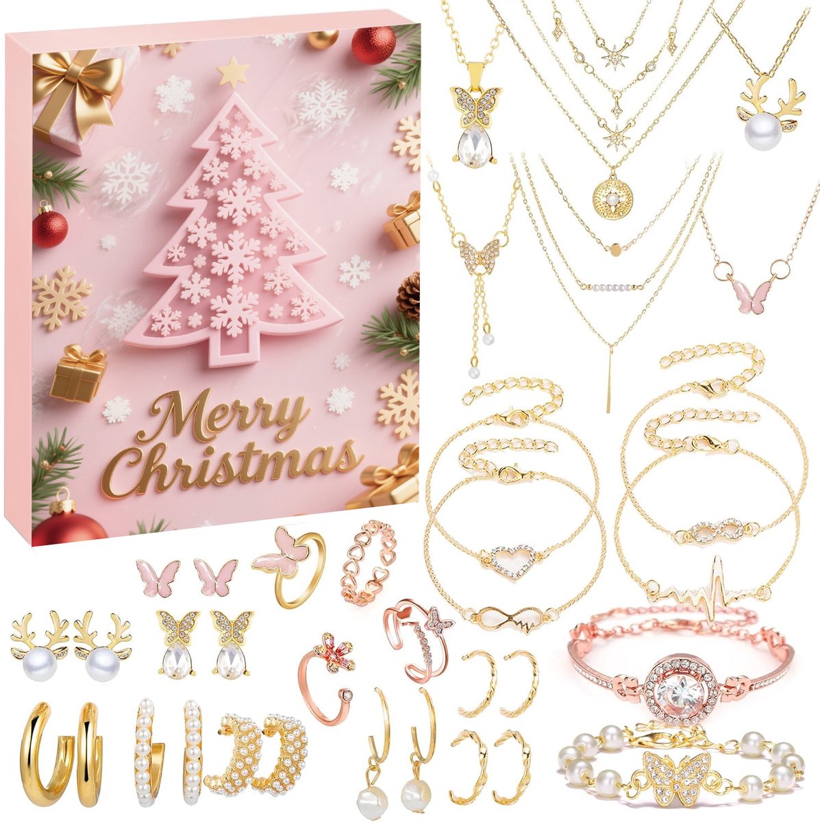 1 set Juwelen Adventskalender voor Kerstmis– 24 Dagen Countdown met Charm Armbanden Kettingen en Ringen -zelf armbandmaakset Blinde doos – 20 *17 *1.50cm-Verrassingen voor Vrouw Dochter of Vriendin（ roze blinde doos ）