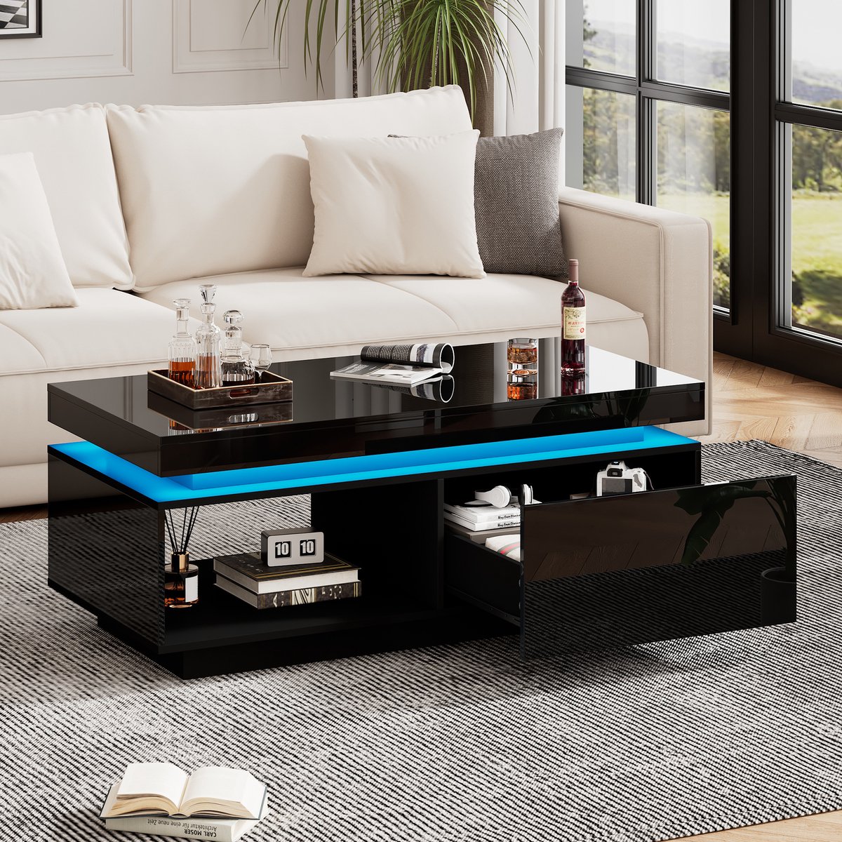 REDOM Hoogglans salontafel 100×50×40,3 cm met LED, ruime lade, zwart, luxe, 50 kg draagvermogen
