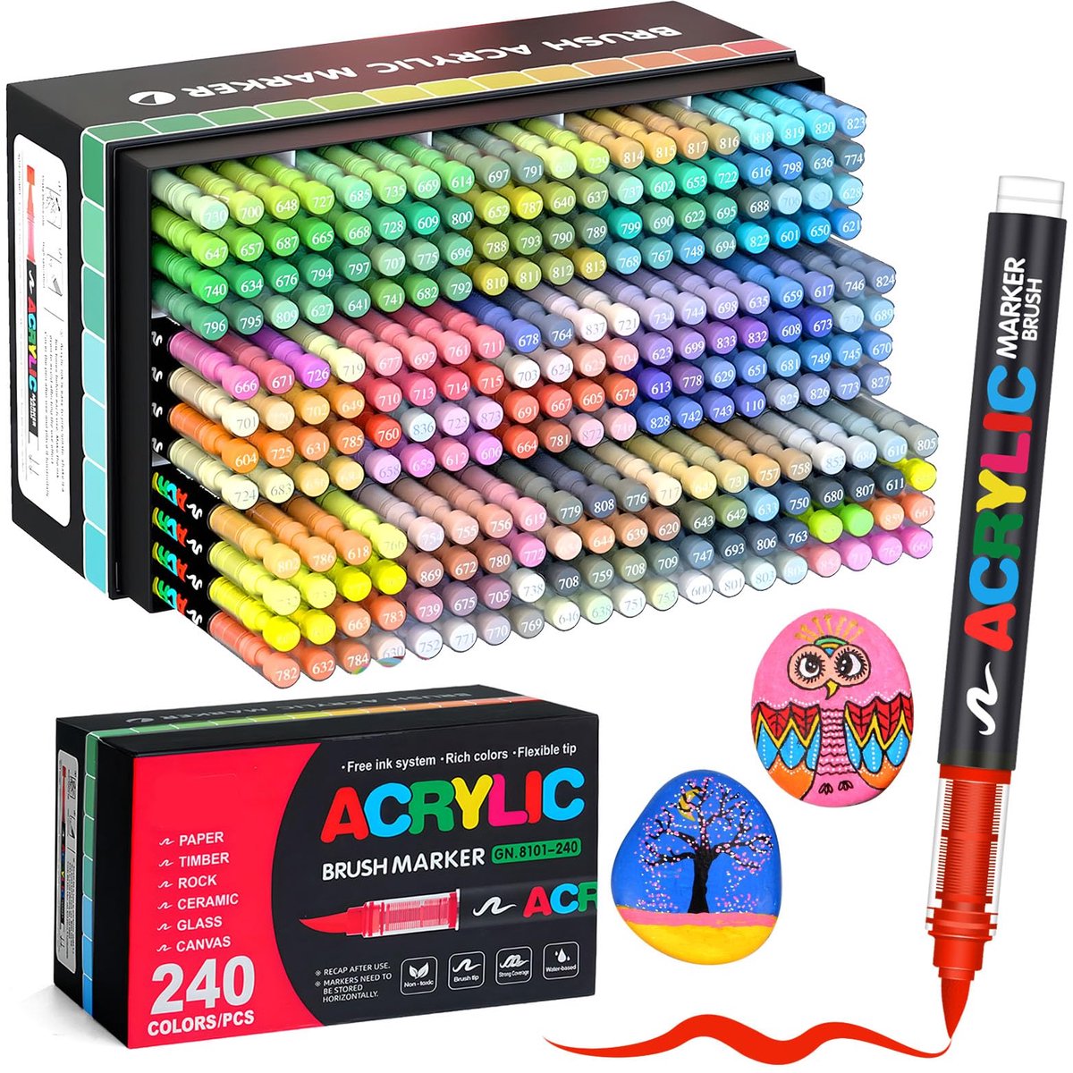 IMPERATORIS® Acrylstiften & Acrylmarkers Set - DIY Acrylverf Kit - Kleuren op Nummer voor Volwassenen - Pen & Marker Penselen Kit - 240 Stuks