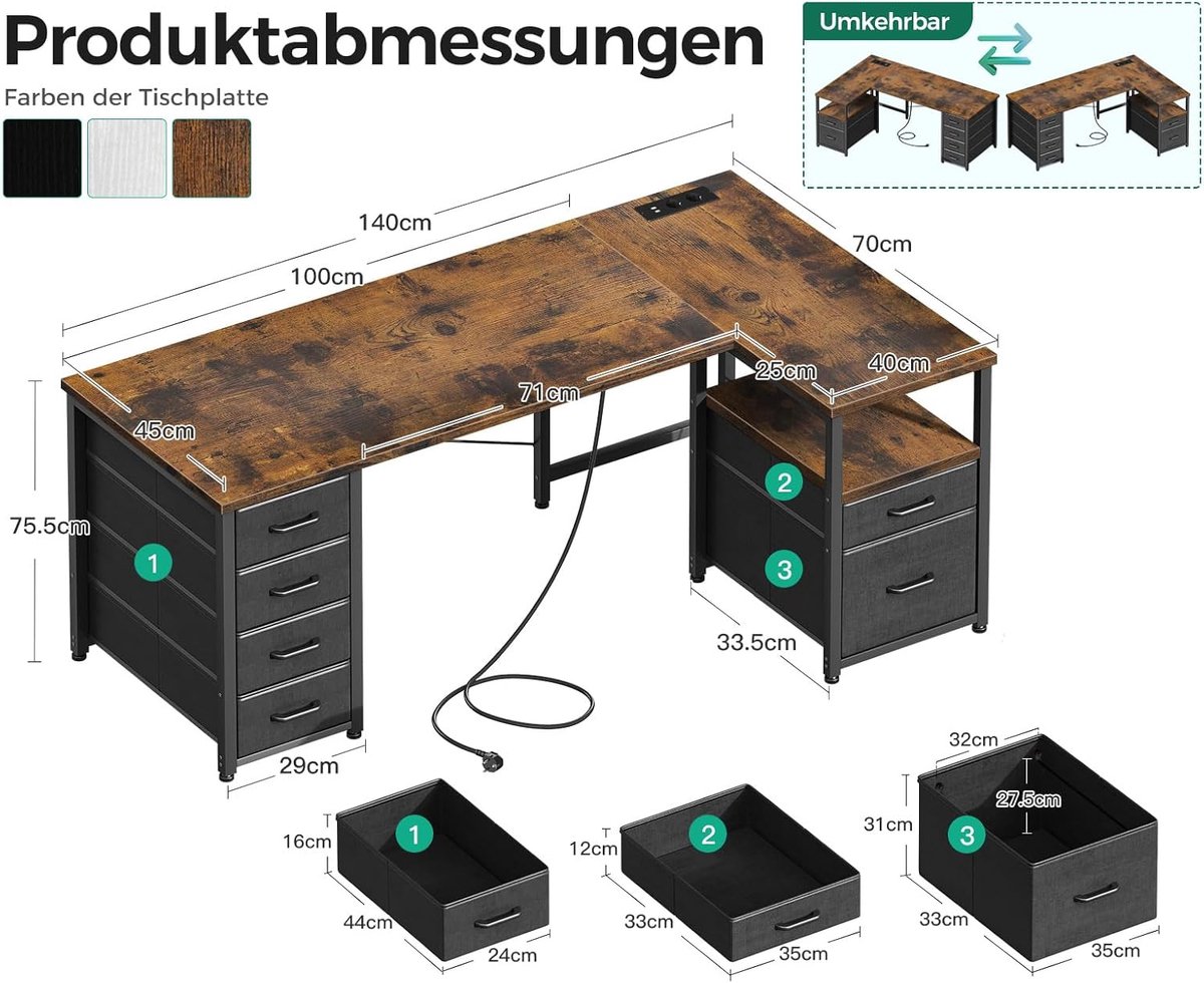 Hoekbureau L-vorm – WorkLuxe NovaDesk - Bruin - WorkLuxe NovaDesk L-Shape 140x70 – - Medahomestore