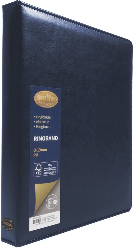 Donkerblauwe kunstlederen A5 ringband met Multo logo en productinformatie op een etiket.