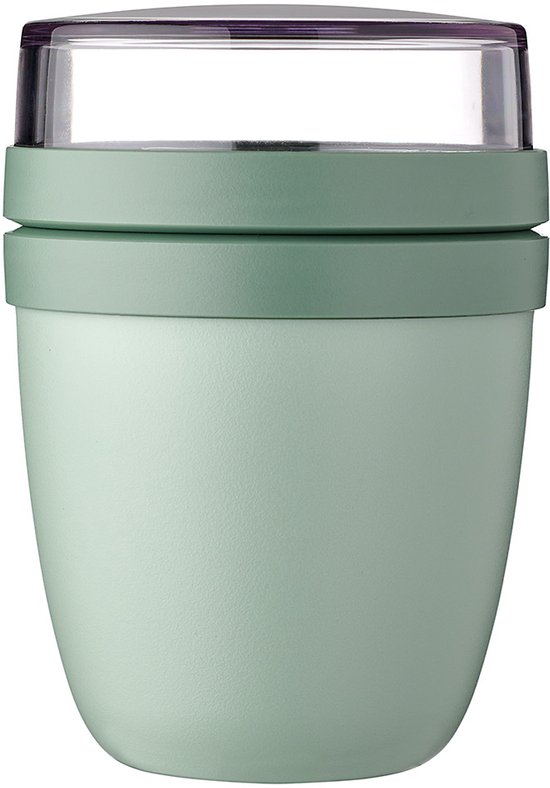 Mini pot à déjeuner Mepal en vert 'nordic sage' avec couvercle transparent et anneau vert.