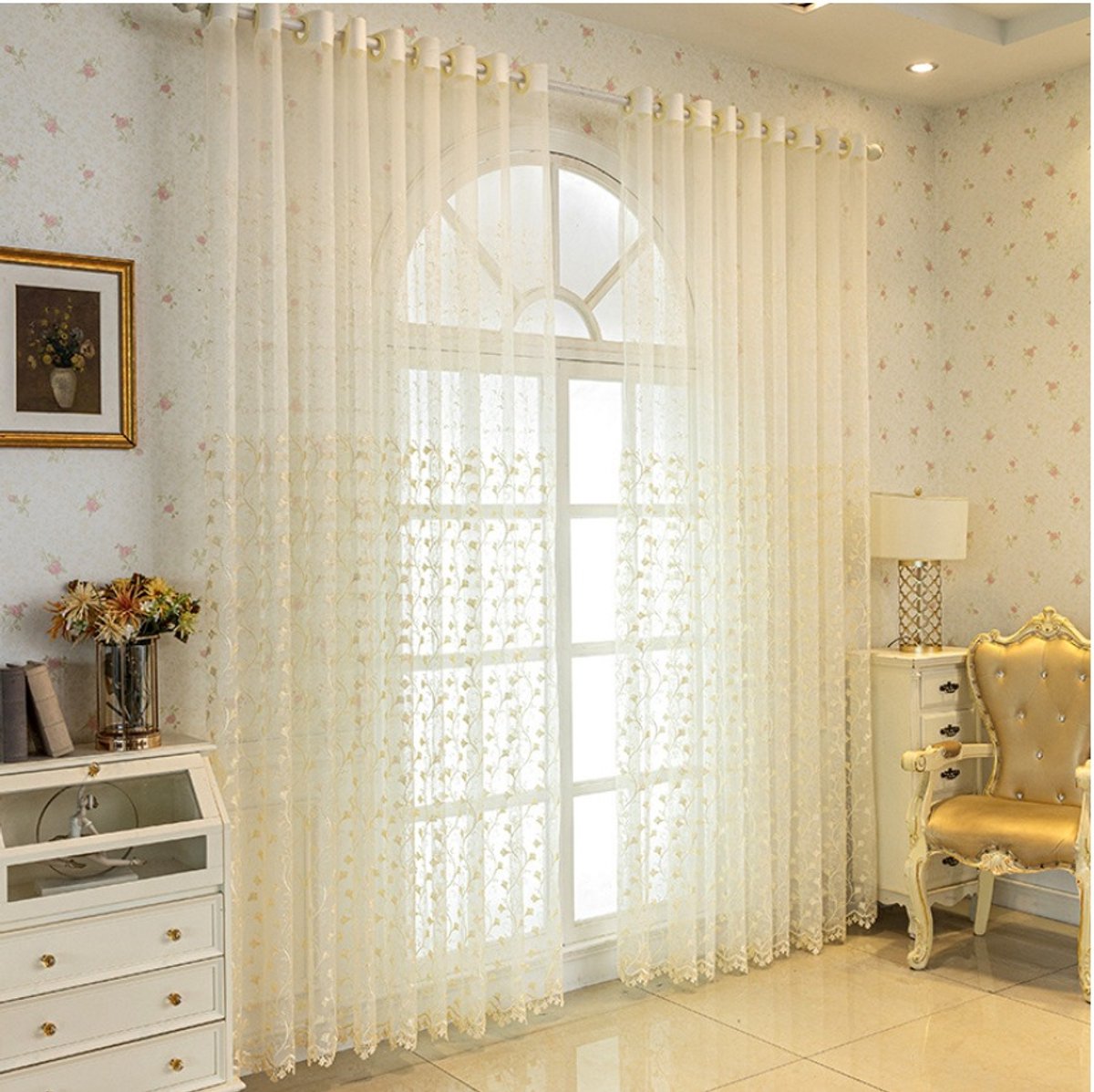 Floraweg Europese geborduurde bloemen vitrages, met sierlijke onderranden, gordijnroedezak transparante voile raamdecoratie gordijnen voor woonkamer/hal/villa kamerdecoratie tule gordijn 1 paneel, beige,140x160cm