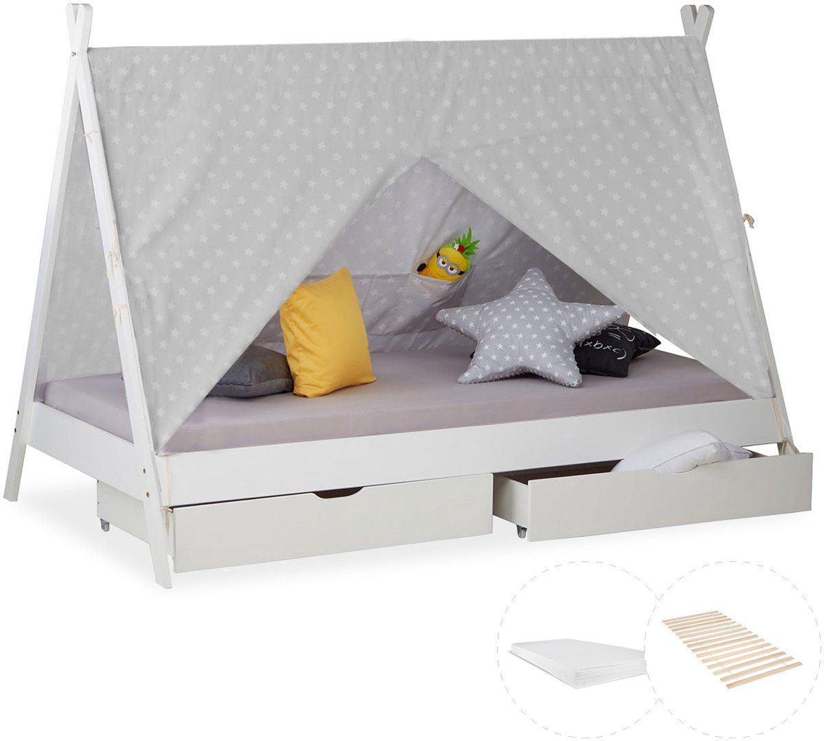 Homestyle4u Kinderbed 90x200 cm - met matras en 2 bedbakken - Wit