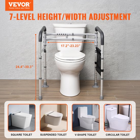 Grijze toiletbeugel met 7 niveaus in hoogte en breedte verstelbaar, boven een toilet. Geschikt voor vierkante, hangende, V-vormige en ronde toiletten.