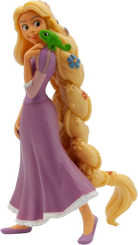 Rapunzel met lang, gevlochten blond haar versierd met bloemen, met een groen kameleon op haar schouder.