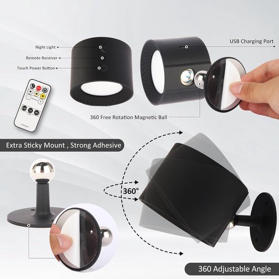 Nachtlampje - Nachtlampje kinderen - Tafellamp slaapkamer - LED-wandlamp - Voor binnen met afstandsbediening - Touchbediening - 360° draaibaar - Oplaadbaar via USB - RGB 7-kleuren dimbaar - Voor woonkamer/gang (1 stuk, zwart) van Merkloos — afbeelding 3