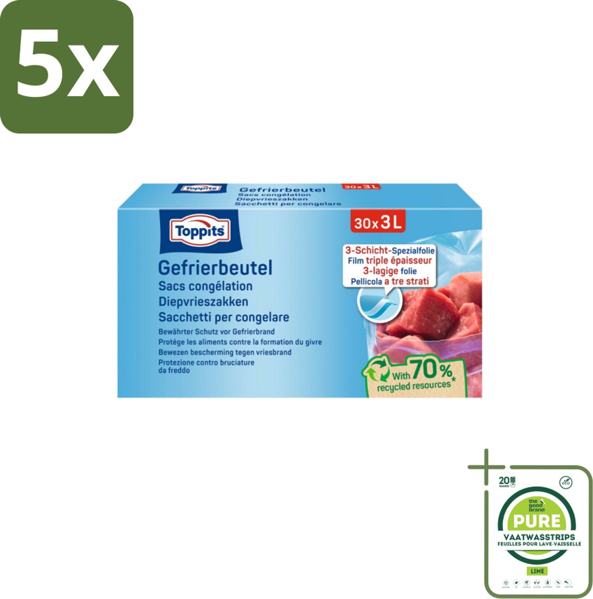 5 x Toppits – Diepvrieszakjes – 3 Liter – 30 Zakjes - Grootverpakking - Diepvrieszak 3 L - Diepvrieszak - Diepvrieszak 3 L - Vrieszak - Vrieszak 3 L