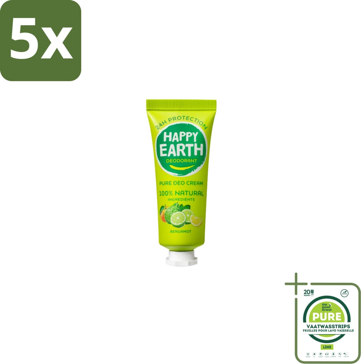 5 x Happy Earth – Deodorant Cream – 100% Natuurlijk Bergamot – 40 ml - Grootverpakking - Natuurlijke Deodorant - Bergamot Deodorant - Aluminiumvrije Deodorant - Vegan Deodorant - Huidvriendelijke Deodorant