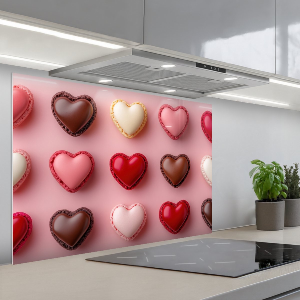Spatscherm 90x60 cm - Zelfklevende achterwand Macarons - Hartjes - Kleurrijk - Roze - Keuken muurbeschermer - Spatwand fornuis