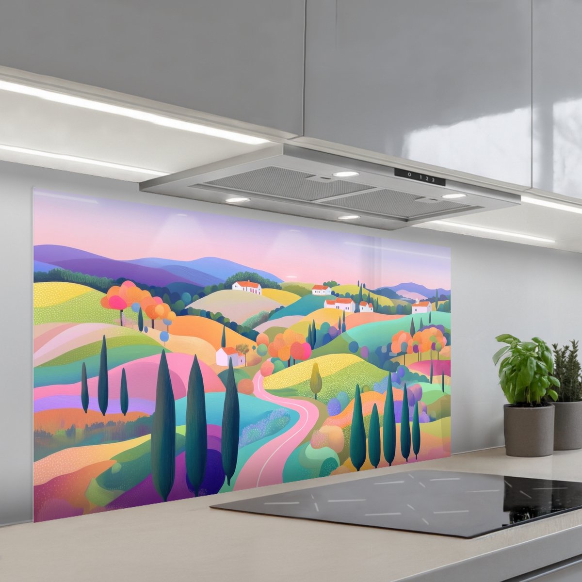 KitchenYeah Spatscherm 120x60 cm Zelfklevende achterwand Landschap Paars Pastel Huizen Keuken muurbeschermer Spatwand fornuis