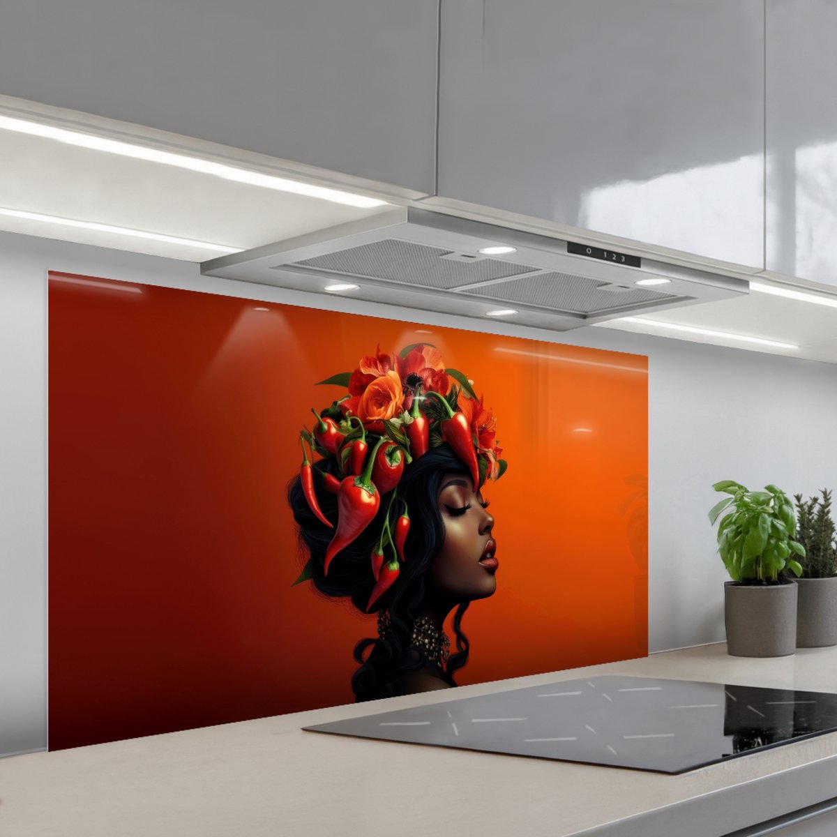 KitchenYeah Spatscherm 120x60 cm Zelfklevende achterwand Vrouw Chilipepers Pepers Bloemen Keuken muurbeschermer Spatwand fornuis