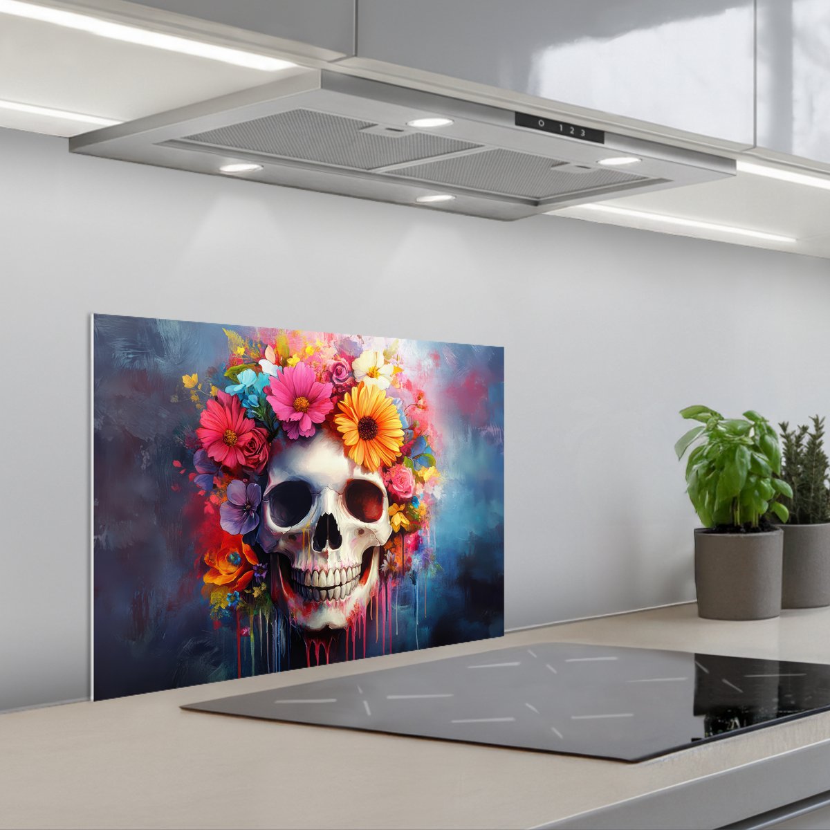 KitchenYeah Spatscherm 60x45 cm Zelfklevende achterwand Schedel Bloemen Doodshoofd Kleurrijk Keuken muurbeschermer Spatwand fornuis