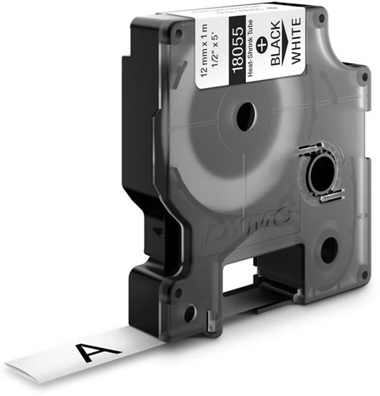 DYMO labelcassette met witte heat-shrink buis, 12 mm x 1.5 m, zwart op wit, met letter 'A' op de tape.