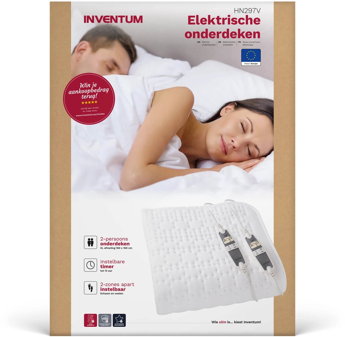 Inventum HN297V elektrische onderdeken 160x160 cm - 2-persoons - 9 warmtestanden - 2 zones apart instelbaar - Antibacterieel - Wasbaar - Fleece - Wit – foto 8