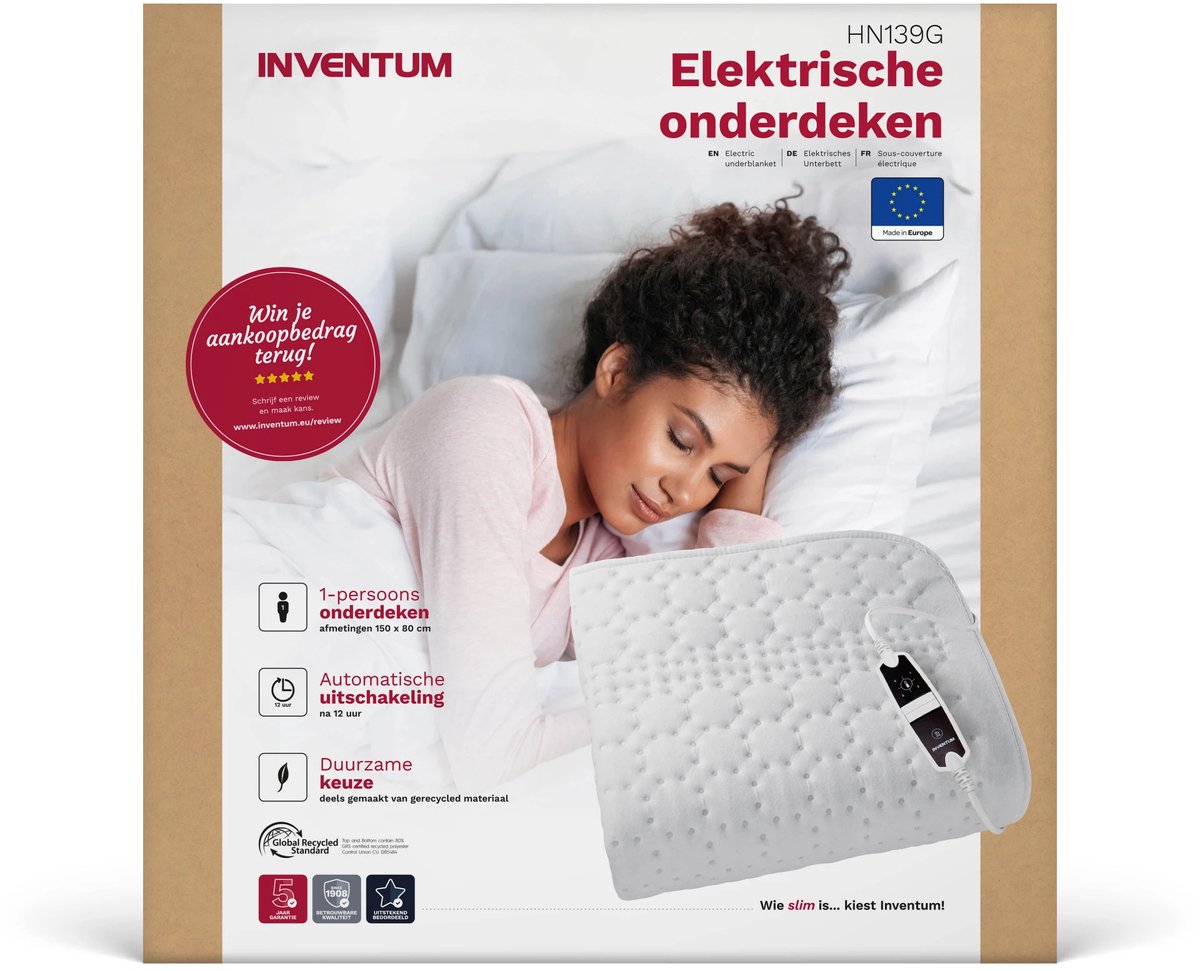 Inventum HN139G elektrische onderdeken 150x80 cm - 1-persoons - 4 warmtestanden - Antislip onderkant - Wasbaar - Fleece - Wit – foto 7