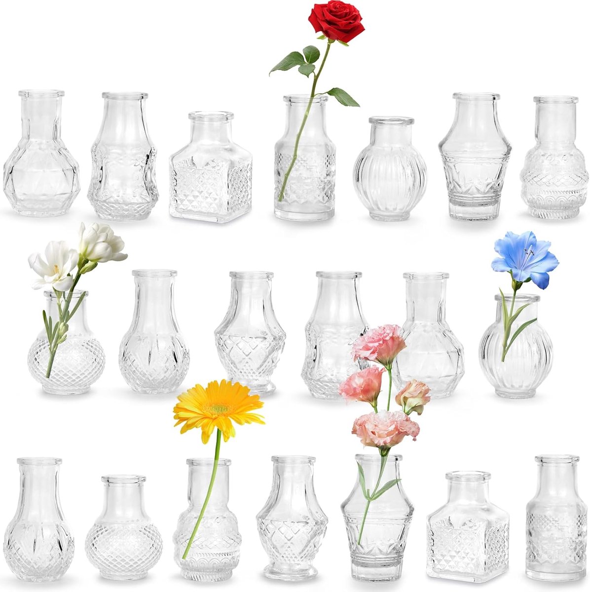 Famanu – Mini vaasjes set van 20 stuks, glazen bloemenvazen in vintage stijl, geschikt voor tafeldecoratie, feesten en interieurdecoratie