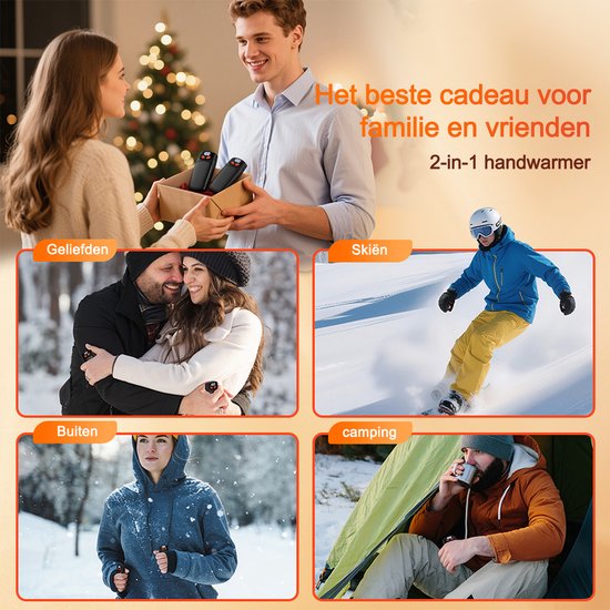 Montage van 4 foto's: koppel knuffelend in sneeuw, skiër, vrouw die loopt in sneeuw, man in tent. Tekst: "Het beste cadeau voor familie en vrienden".