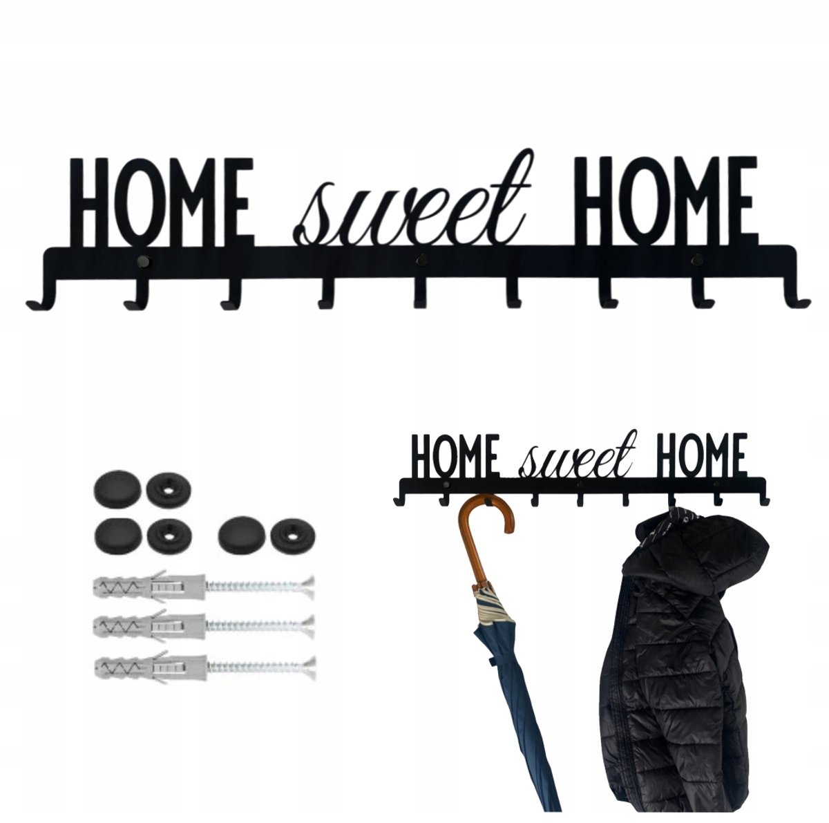 Wandkapstok Home Sweet Home Zwart - 9 Haken
