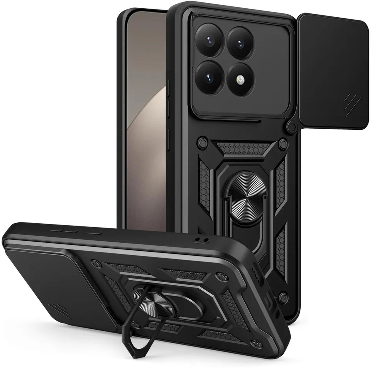 MobyDefend Hoesje - Geschikt voor Xiaomi 15T - Pantsercase Met Draaibare Ring - Zwart