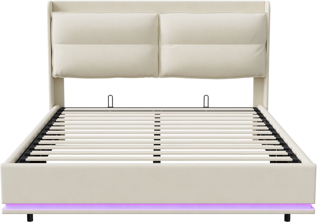 Beige Fluwelen Bed 160x200 - Opbergruimte & LED-verlichting thumbnail 6