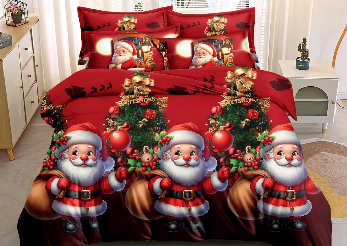 Image of 3D Kerst Dekbedovertrek Katoen Satijn 160x200cm - Sinterklaas bij Kerstboom