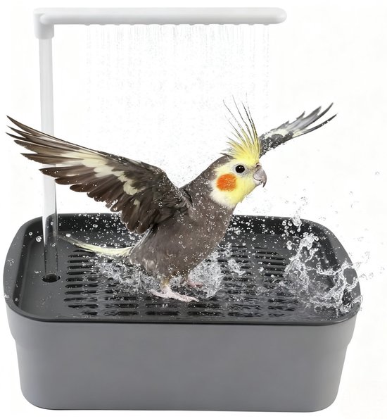 Automatische Vogel Badkooi – Papegaai Douche met Pomp – Parkiet Bad met Fontein – Automatische Watercirculatie – USB Voeding – 23x15,5x24,5 cm – Inclusief USB stekker – Grijs