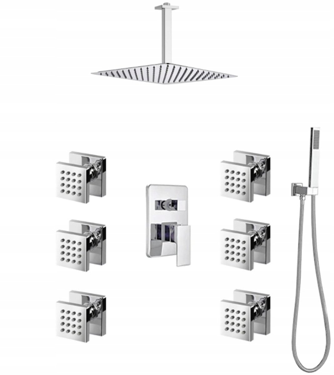 Inbouwdoucheset met regendouche, handdouche & hydromassage - Chroom