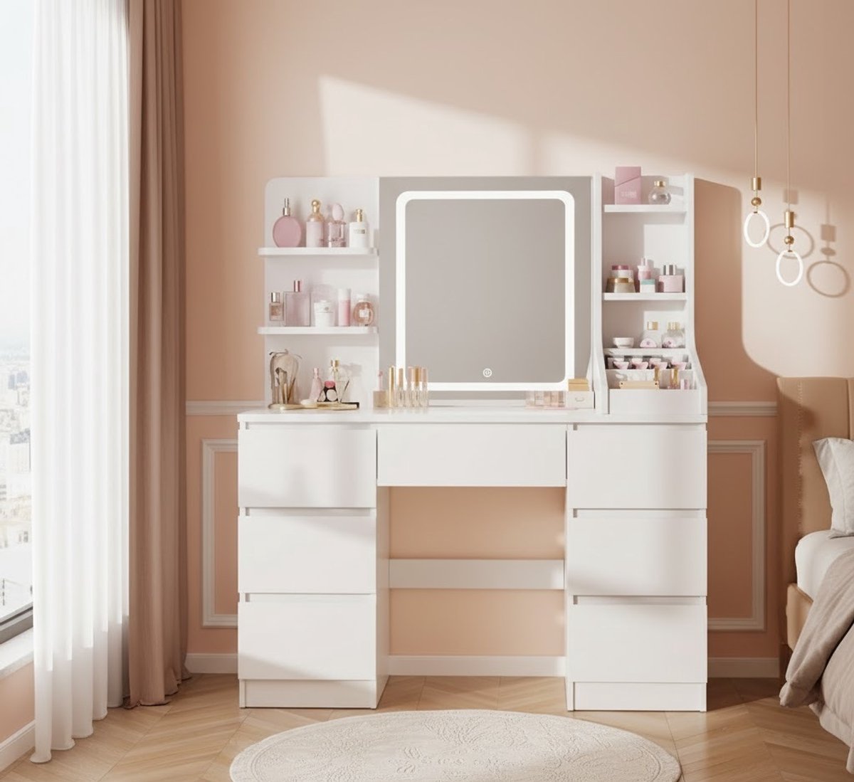 Novihome Make-uptafel met LED Spiegel en Royale Opbergruimte 110x40x139 cm – Novihome
