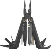 Zwarte Leatherman Wave Alpha multitool met tang, mes, schaar, zaag en opener. Goudkleurige accenten.