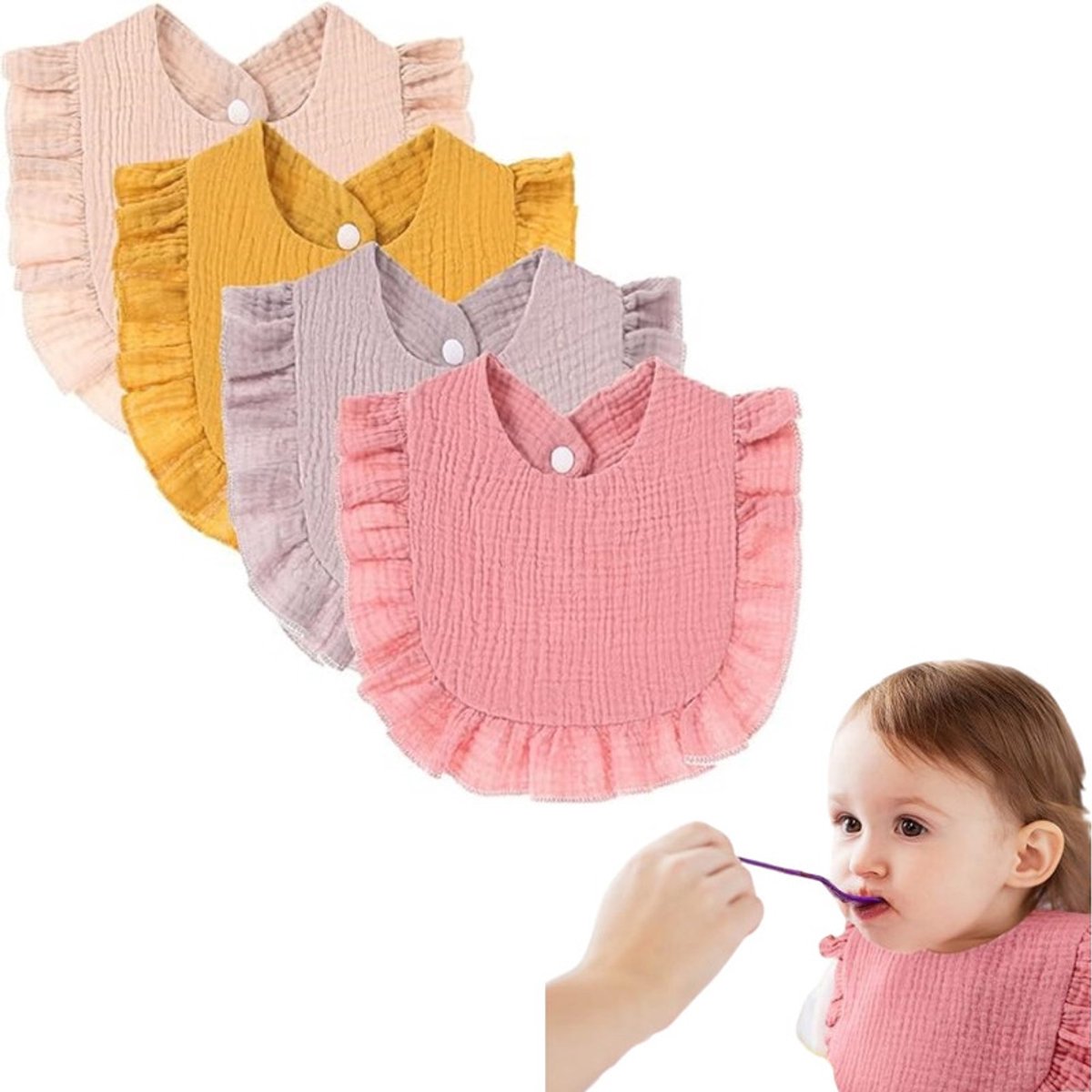 Image of 4-pack - Slabbetjes voor baby's - Slabbetjes van katoen - Slabbetjes met vetersluiting - Comfortabel - Khaki, roze, paars, geel - Ideaal voor het voeden, buiten, in parken, op verjaardagsfeestjes - Babyshowercadeau