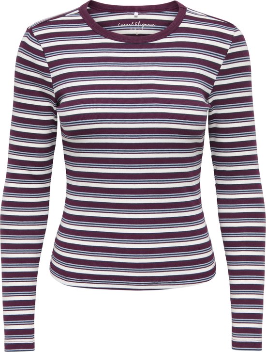 Paars, wit en blauw gestreept shirt met lange mouwen en ronde hals.