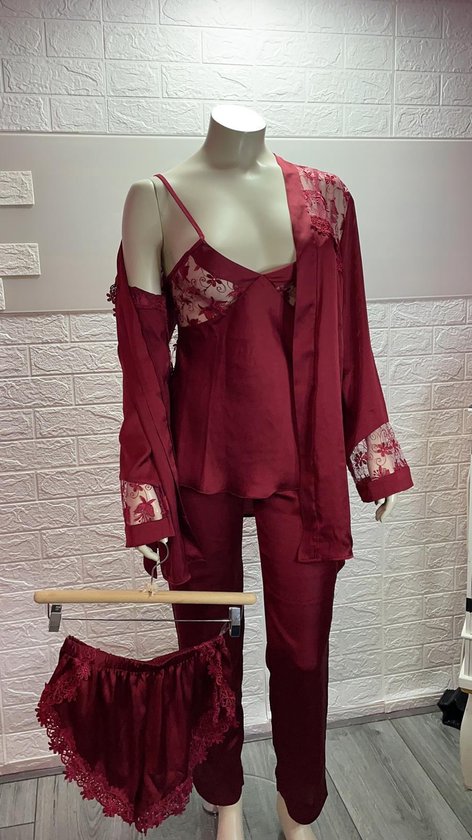 Dames pyjamaset zijde 4-delig - Dark Red