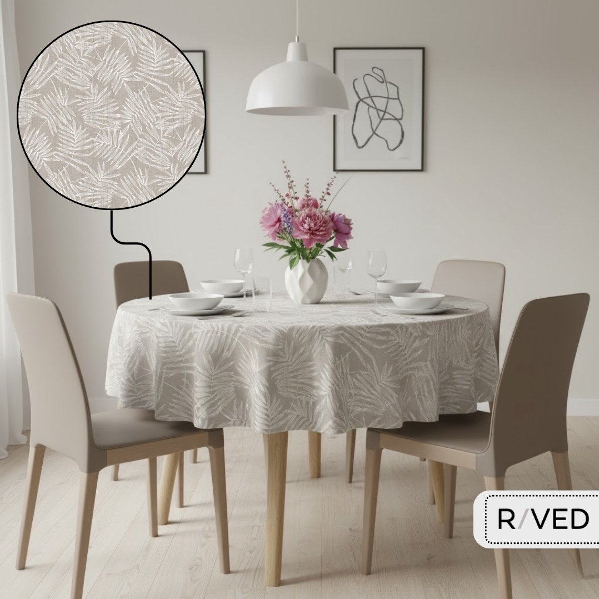 Raved Rond Tafelzeil - 140 cm ø - Takken - Beige - PVC - Afwasbaar