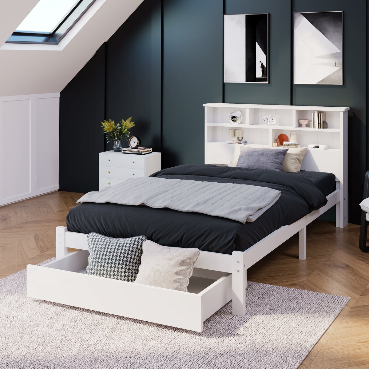 OKWISH Eenpersoonsbed 90x200 cm - Praktisch Kinderbed Met Opberglades En Lattenbodem - MDF - Wit (Geen Matras)