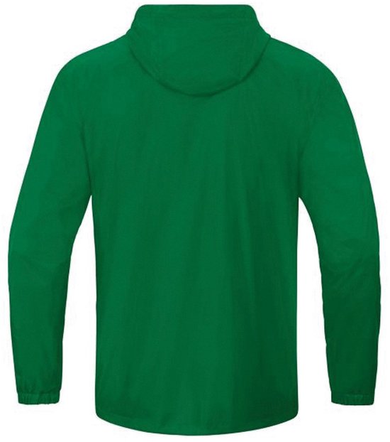 Achterkant groene Jako regenjas met capuchon.