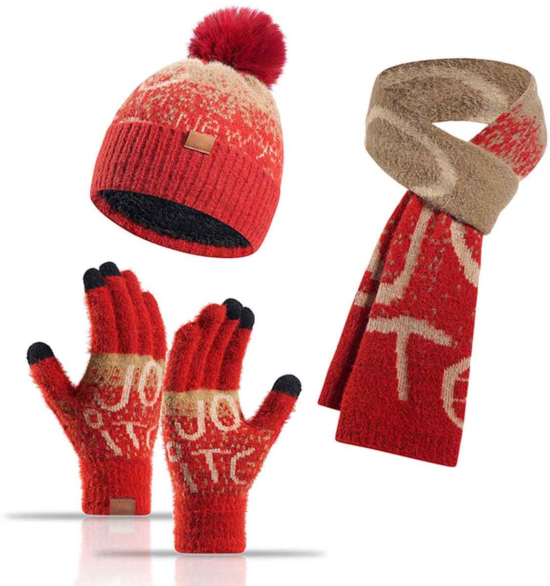 3-in-1 Winterset - Gebreide Muts met Pom - Lange Infinity Sjaal - Touchscreen Handschoenen - Winter - Dames en Heren - Buitenactiviteiten - Dagelijks Gebruik - Cadeau - Wijnrood