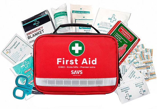 SAVS EHBO Kit - 100-delig - Verbanddoos voor thuis, kantoor en in de auto - Verbandtas set - Verbandtrommel - Verbandkoffer - Compleet noodpakket - EHBO koffer - Verband opbergbox - Care doos - Travel first aid kit