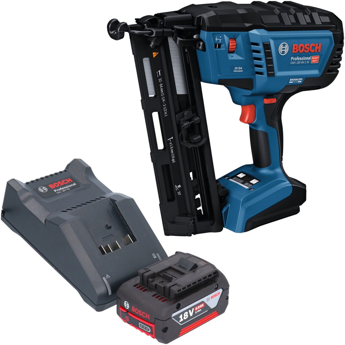 Bosch GNH 18V-64-2 M Professional accu-houtspijkermachine 18 V 1,6 x 32 - 64 mm + 1x accu 4,0 Ah + oplader