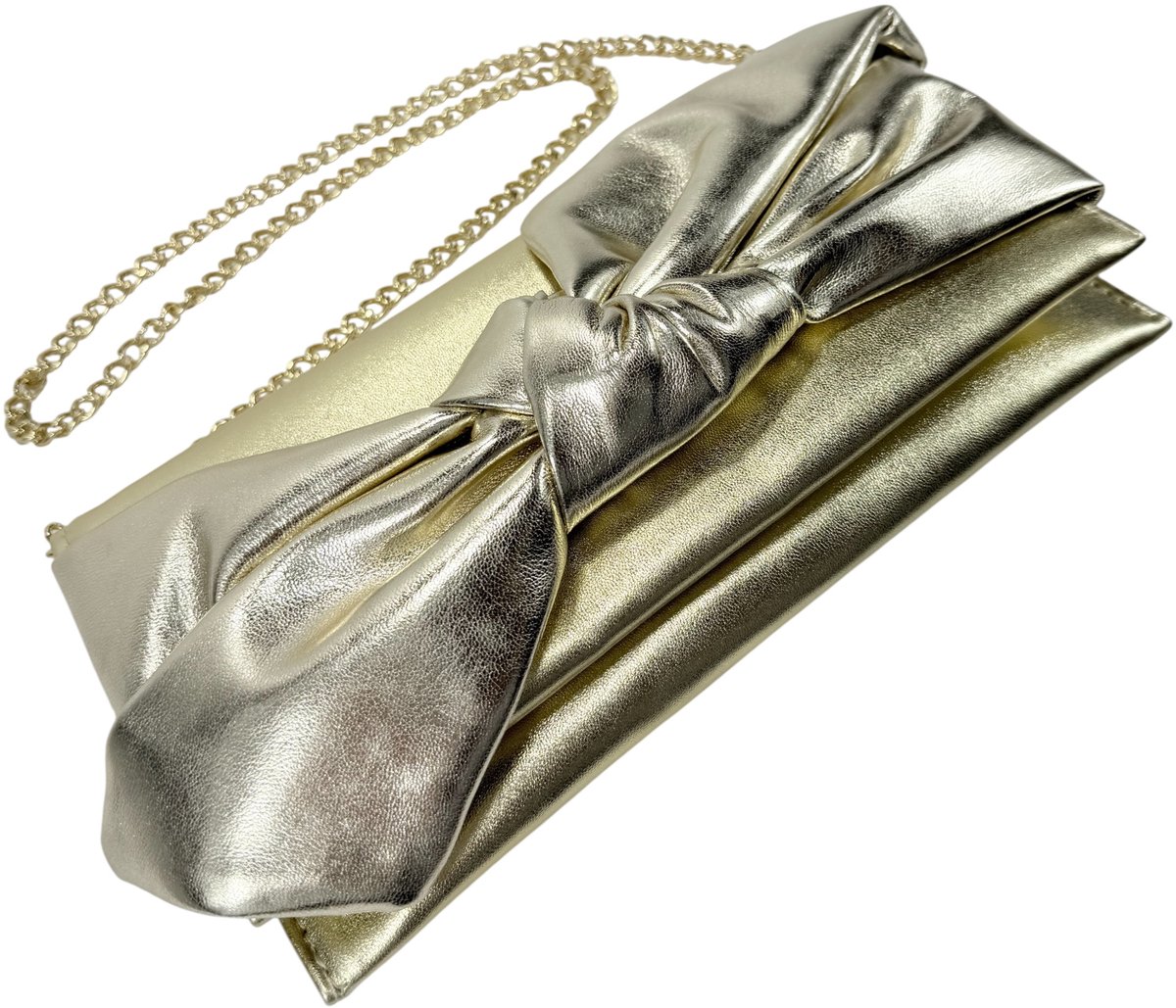 Gouden Gala tas met prachtige hand-afgewerkte strik - Prachtige kleuren met subtiele glans - Clutch - Made in Italy - Stijlvol - Feestdagen - Gala - Trouwpartijen