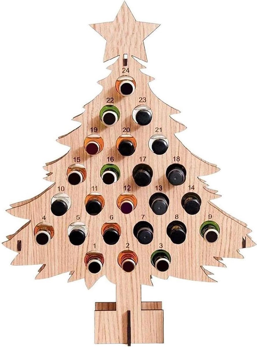 Provento - Houten Kerstboom Adventskalender Wijnhouder voor Feestelijke Woondecoratie met Countdown Functie