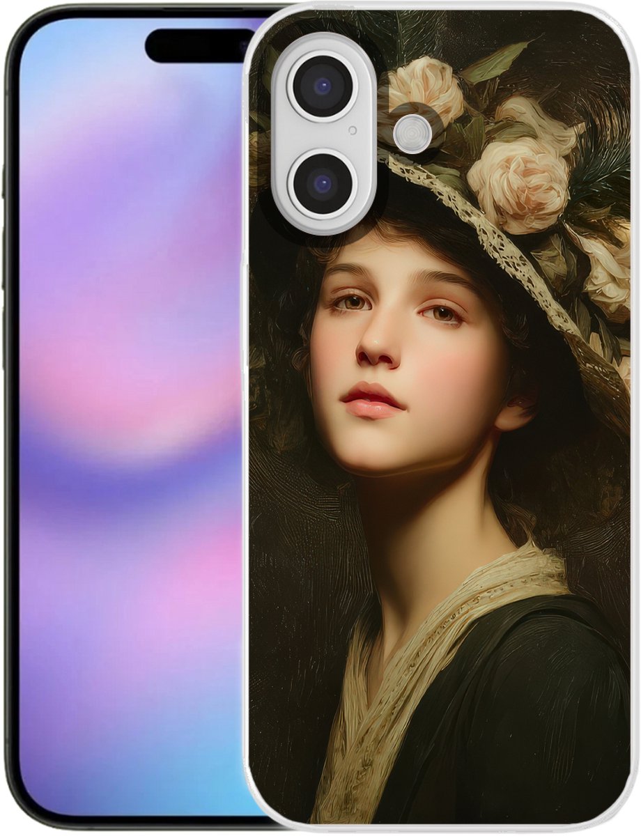 Telefoonhoesje Geschikt voor iPhone 17 hoesje - Bloemenhoed - Portret - Vrouw - Siliconen Telefoonhoesje Telefoonhoesje