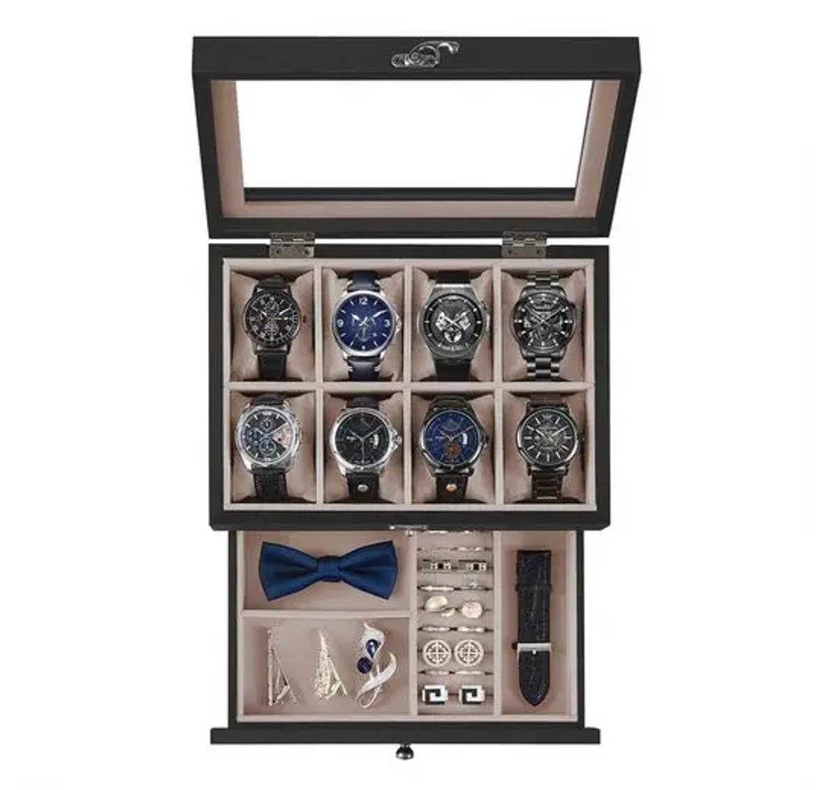 Jessi Store - Horloge doos - Sieradendoos - Horlogebox - 12 vakken - glazen deksel - massief hout - fluweelvoering - 19x27x12,5 cm