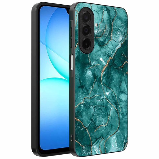 Coque de téléphone avec motif marbre vert et accents dorés, avec découpe pour triple objectif.