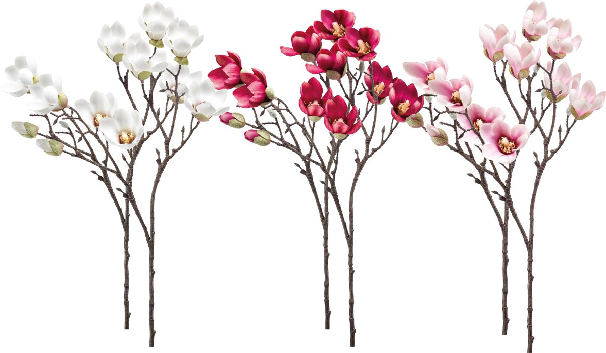 Emerald Kunstbloem Magnolia mini 65cm - Set van 6 - Kunstplant voor binnen Créme, Donkerroze & Lichtroze - Set van 6