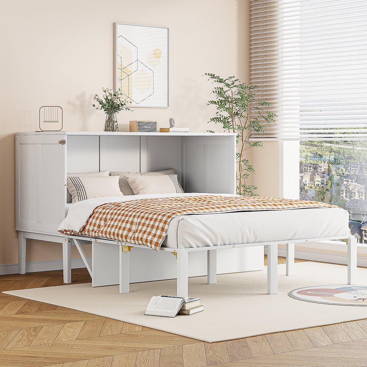 Verticaal opklapbed 140x200 cm - Lattenbodem - Max 200 kg Belastbaarheid - Ruimtebesparend design - Extra opbergruimte onder bed - Transformeert in console - Duurzame materialen Hout/Metaal/MDF
